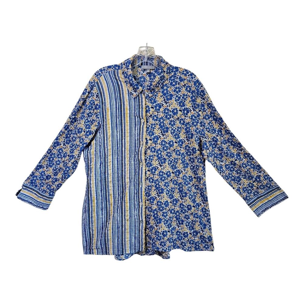 HABITAT Women's M Tunic Blouse Button Up Floral Striped Seersucker Artsy 44"